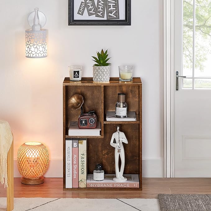 VECELO Small Bookshelf, 3 Cube Shelf, Fits Tallest Hardcovers, Horizontal Available, Short Bookcase for Small Spaces, Brown
