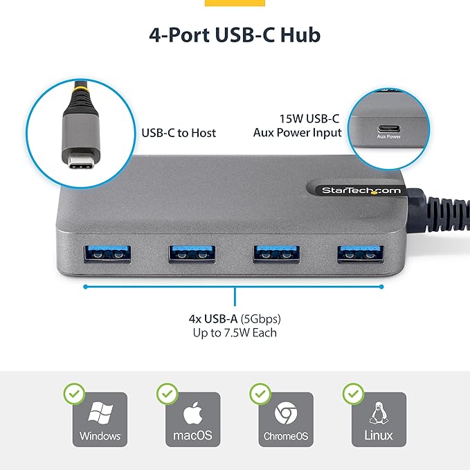 StarTech.com 4-Port USB-C Hub, 5Gbps Data Transfer, Bus-Powered USB 5Gbps Splitter, 4X Type-A Ports Extender for Laptops, Compatible with MacBook, Dell XPS, Surface Pro, Chromebook