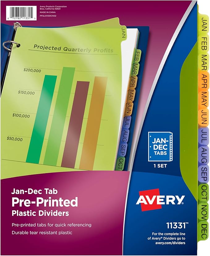 Avery Pre-Printed Jan-Dec Plastic Dividers for 3 Ring Binders, 12-Tab Sets, Multicolor, 24 Sets, 288 Divider Tabs (11331)