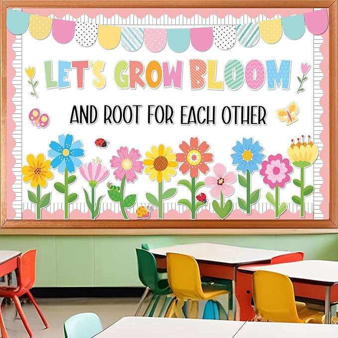 ZOIIWA Spring Bulletin Board Decorations Spring Bloom Flower Classroom Bulletin Board Borders Colorful Floral Butterfly Cutouts for Back to School Birthday Party Supplies School Home Office Wall Decor