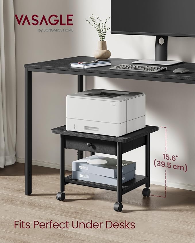 VASAGLE Heavy-Duty Printer Stand with Locking Wheels, 2-Tier with Drawer Industrial Mobile Cart with Storage Shelf, Printer Table for Home, Office, 15.6" Height, Ebony Black UOPS004B56