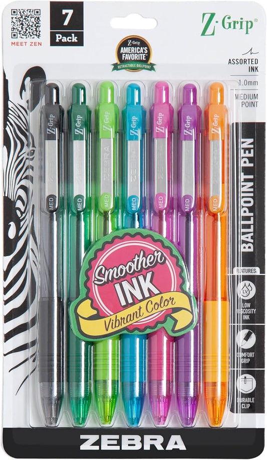 Zebra Pen Z-Grip Retractable Ballpoint Pen, Smooth-Flowing Assorted Fashion Colors, 1.0mm Medium Point, School & Office Supplies, Ideal for Note-Taking, Journal and Planner Use, 7-Pack (22276)