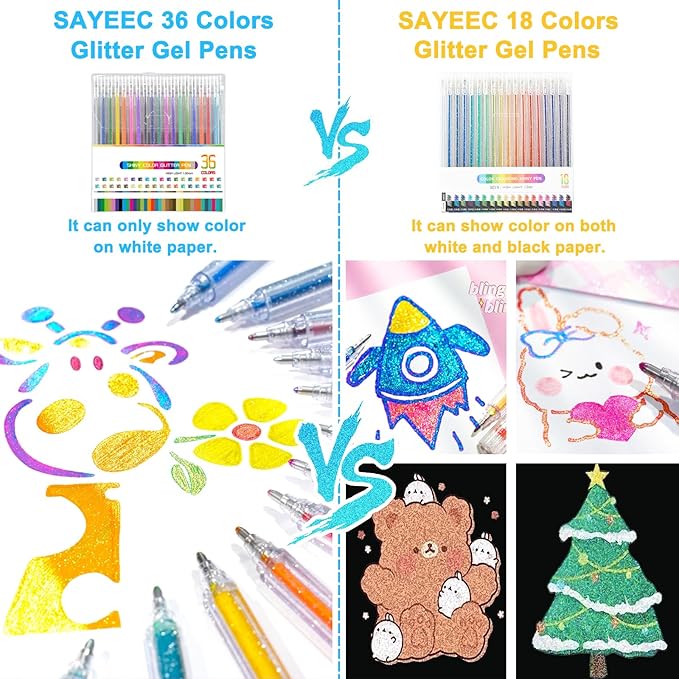 SAYEEC Glitter Gel Pens, 36 Colored Metallic Gel Pens Set, 1.0mm Super Sparkle Gel Ink Pens, Art Glitter Paint Markers for Adult Coloring Books Scrapbook Journaling Drawing Doodling Note Taking Crafts