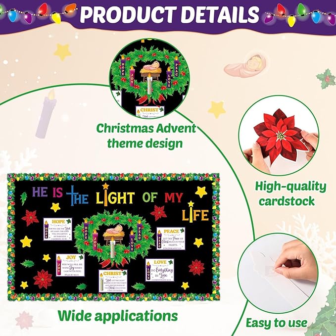 Christmas Advent Bulletin Board Set Advent Wreath Candle Classroom Decoration Love Hope Joy Peace Cutouts Xmas Nativity Bulletin Board for Winter Holiday Christian Religious Sunday School Wall Decor