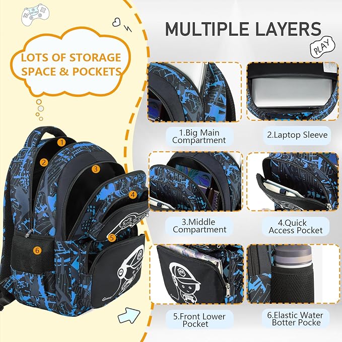 Boys Backpack with Lunch Box Glow in Dark Gamer Bookbag Kids Ages 4-12 Kindergarten Elementary Middle School Gaming Backpack, Luminous Game Boy Black Blue