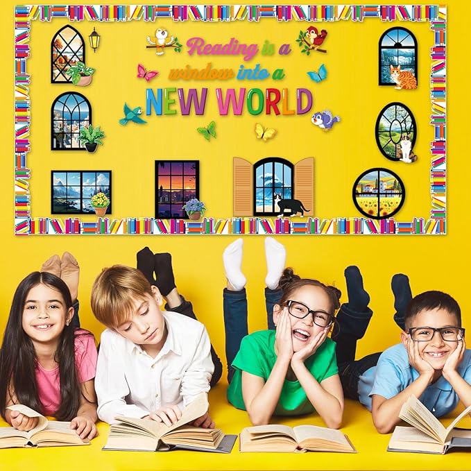 Honoson 56 Pcs Spring Reading Bulletin Board Set Back to School Classroom Decor Reading is a Window Bulletin Boards Book Border for Spring Motivational Library Classroom Chalkboard Wall Decor(Window)