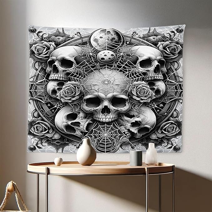 Ambesonne Gothic Tapestry, Dark Tone Neo Spooky Vampire Skulls with American Traditional Roses, Fabric Wall Hanging Decor for Bedroom Living Room Dorm, 28" X 23", Pale Grey Dark Grey White