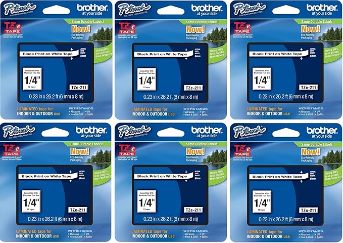 Brother Genuine P-Touch 6-Pack TZe-211 Laminated Tape, Black Print on White Standard Adhesive Laminated Tape for P-Touch Label Makers, Each Roll is 0.23"/6mm (1/4") Wide, 26.2 (8M) Long