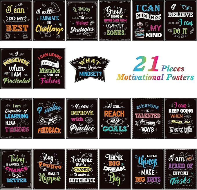 Classroom Decorations, 21 Pcs Growth Mindset Posters Bulletin Board Decorations for School Office Home- 11 x 14 Inch
