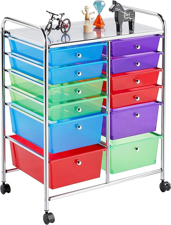 Yaheetech 12 Drawers Rolling Storage Cart Multipurpose Movable Organizer Cart Tools Scrapbook Paper Organizer on Wheels, Multicolor