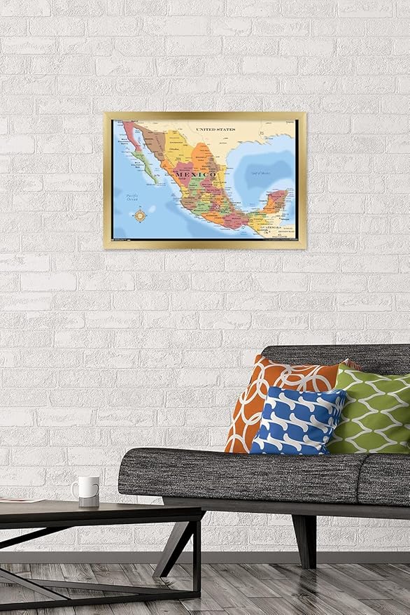 Trends International Map - Mexico Wall Poster, 14.725" x 22.375", Gold Framed Version