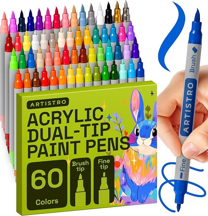 ARTISTRO 60 Acrylic Paint Markers - Paint Pens for Calligraphy, Brush + Fine Tips - For Fabric, Rock, Glass, Wood, DIY, Craft, Canvas - Art and Craft Supplies for Adults, Teens, Kids