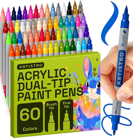 ARTISTRO 60 Acrylic Paint Markers - Paint Pens for Calligraphy, Brush + Fine Tips - For Fabric, Rock, Glass, Wood, DIY, Craft, Canvas - Art and Craft Supplies for Adults, Teens, Kids
