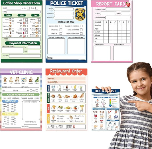Eaasty 6 Pcs Kids Pretend Play Notepads for Kids Pretend Play Imaginative Role Playtime Bundle Include Doctor Police Teacher Vet Coffee Restaurant