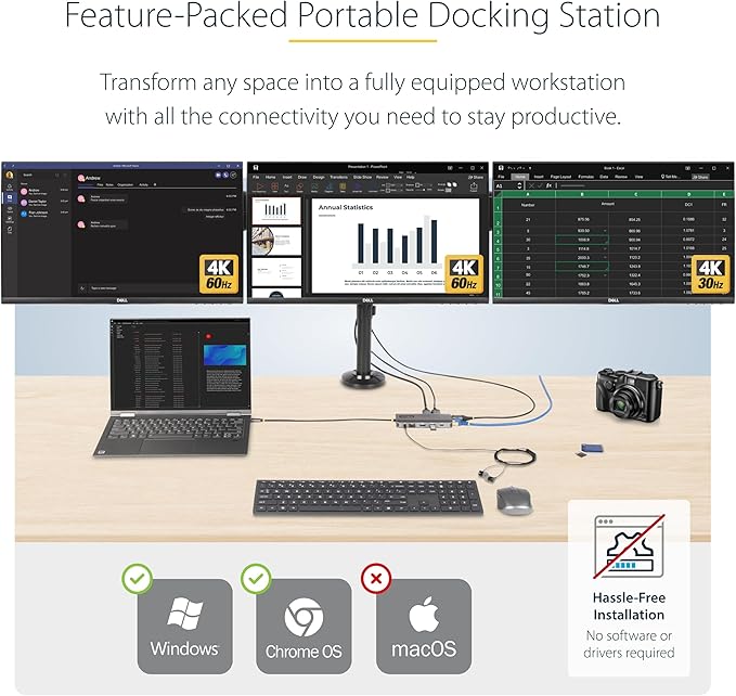 StarTech.com USB-C Docking Station for Windows and ChromeOS, Triple 4K HDMI DP Video, USB 10Gbps Hub, 100W Laptop Charging, GbE, SD, MicroSD