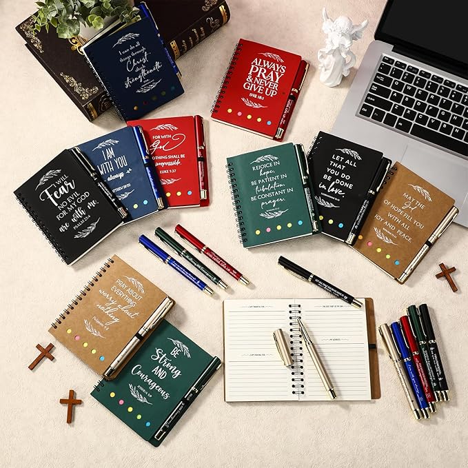 Spakon 30 Set Christian Gifts Bulk Easter Mother's Day Church Sticky Note Spiral Notebook Bible Verse Ballpoint Pen Prayer Journal Religious Scripture Notepad Sunday School Teacher Party Favors