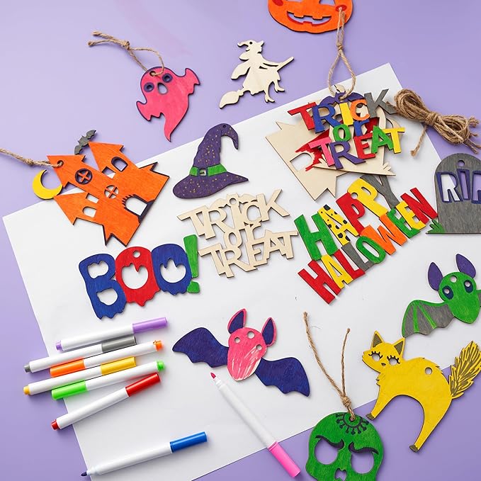JOYIN 100 Pcs Halloween Craft Wooden Painting Kit, Halloween Party Supplies, Party Favors for Kids, Wood Blank Cutouts Ornaments, Gift Tags Decor for School Art DIY Activities Goodies Games