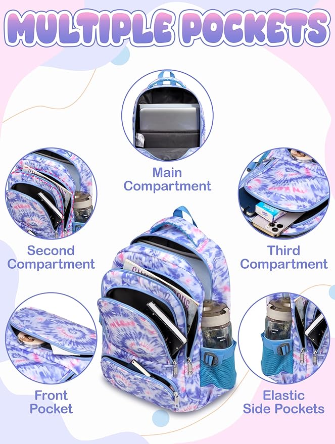 BLUEFAIRY Kids Backpack with Lunch Box for Girls Boys Elementary Primary Middle School Bag with Lunch Bag Set 17 Inch Bookbag Mochilas Escolares para Niñas Niños (Tie-dye, Light Violet)