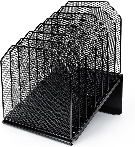 Inclined File Organizer for Desk, 7-Section Vertical File Folder Holder Office Desk Organizer Metal Rack File Wire Mesh Desktop Document Sorter for Office School Classroom Home (Black)