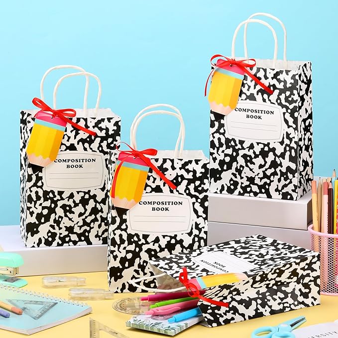 Kolldenn Teacher Gift Bags Composition Paper Bags with Handles Notebook Line Teacher Appreciation Graduation Gifts Bag for Kindergarten Preschool End of Year Party Favors Wrapping(36 Pcs,Composition)