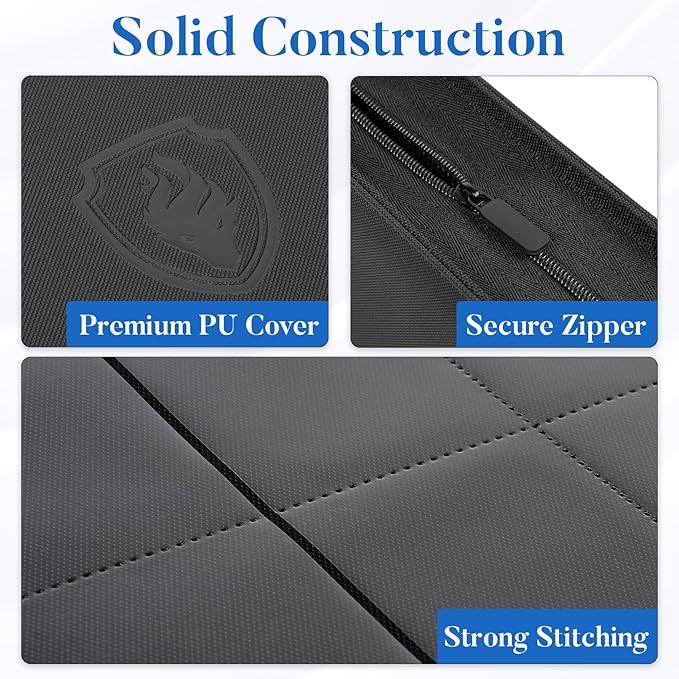 Premium Zip Card Binder 12 Pocket, Fabmaker 912 Pockets Trading Card Binder, PU Zipper Card Collection Album, Sturdy Side-Loading Card Book Holder for Game & Sports Cards, Black