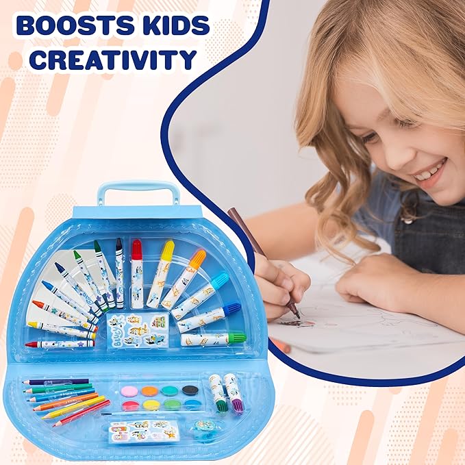 Bluey Colored Pencils Art Supplies for Boys Girls Drawing Kit Painting School Supplies Art Kit Travel Case Gifts for Kids (Blue Halfmoon Case)