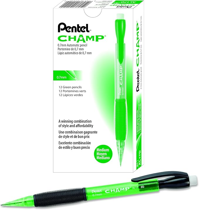 Pentel CHAMP Mechanical Pencil (0.7mm) Mechanical Pencil, Tinted Green Barrel, Box of 12(AL17D)