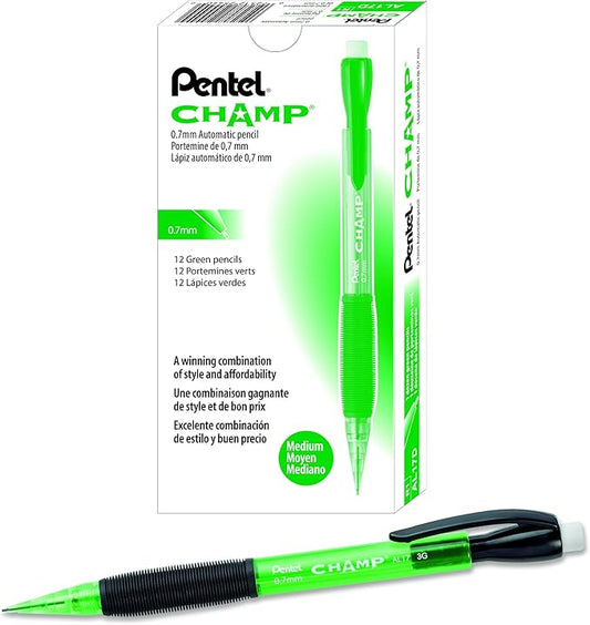 Pentel CHAMP Mechanical Pencil (0.7mm) Mechanical Pencil, Tinted Green Barrel, Box of 12(AL17D)
