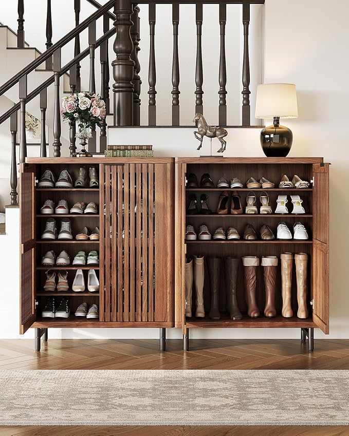 LITTLE TREE 6-Tier Shoe Cabinet with Doors for Up to 24 Pairs, Large Wooden Shoes Cabinet with Adjustable Shelves, Retro Freestanding Shoe Organizer for Entryway, Hallway, Brown