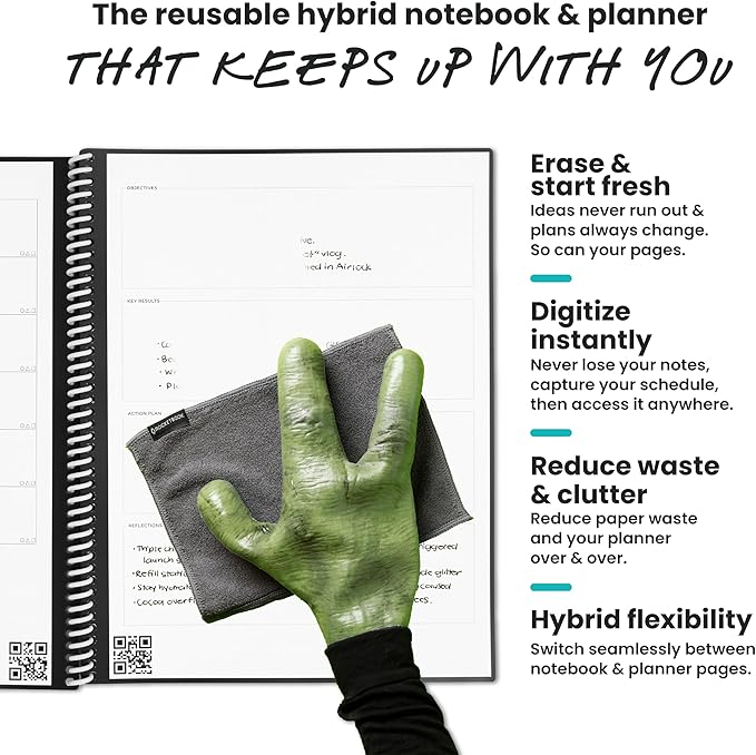 Rocketbook Fusion Hybrid Reusable Planner and Notebook in One, Additional Blank Pages, Goal and Project Tracker, Undated Planner, Letter Size 8.5x11, Black (Pack of 1)