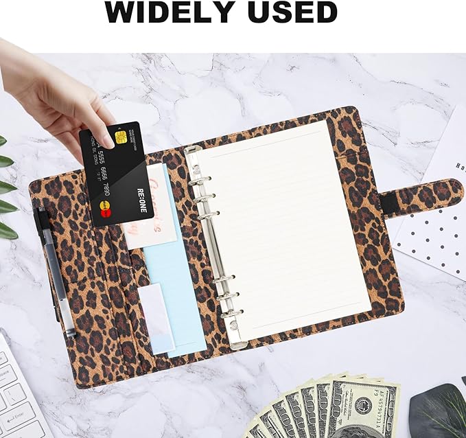 A5 Refillable 6 Ring Faux Leather Budget Binder,Mini Notebook Binder Cover for A5 Filler Paper,Loose Leaf Personal Planner Cover with Magnetic Buckle Closure(Leopard)