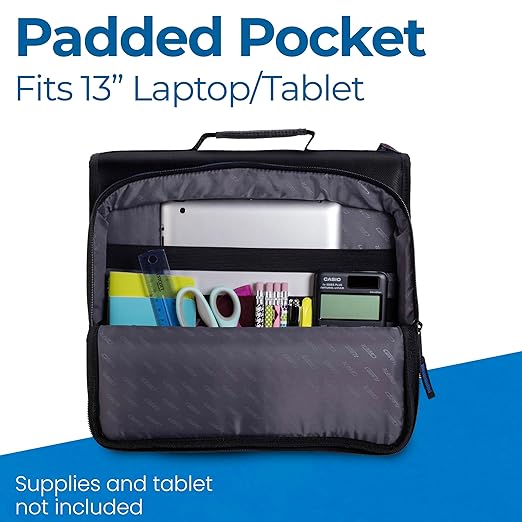 Case-it Universal Zipper Binder | 2-Inch O-Rings, 13-Inch Laptop/Tablet Padded Pocket, 400 Sheet Capacity, Multiple Storage Pockets & Shoulder Strap | School & Office Organizer | LT-007 Jet Black