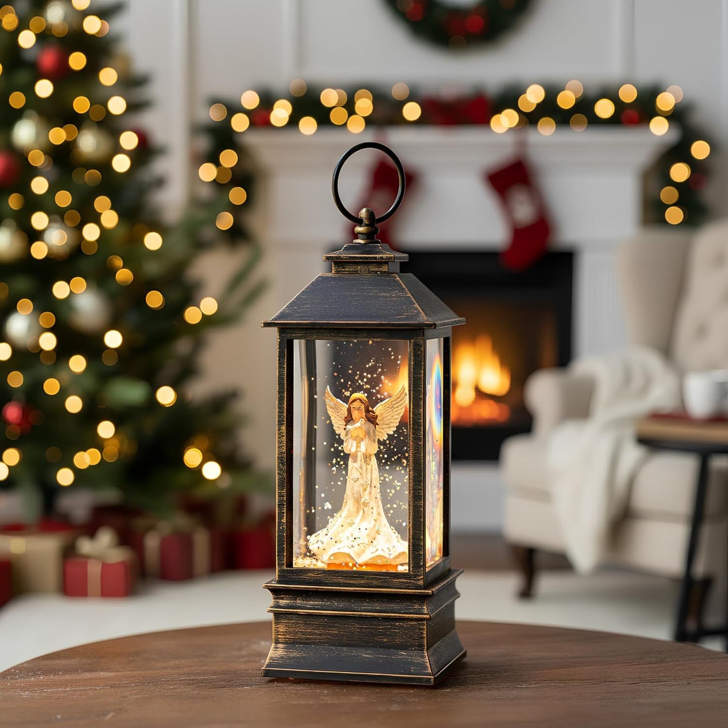 Christmas Snow Globe Lantern Water Glittering Angel with Dove, USB Lined/Battery Operated Lighted Lantern for Christmas Festival Decoration Gifts