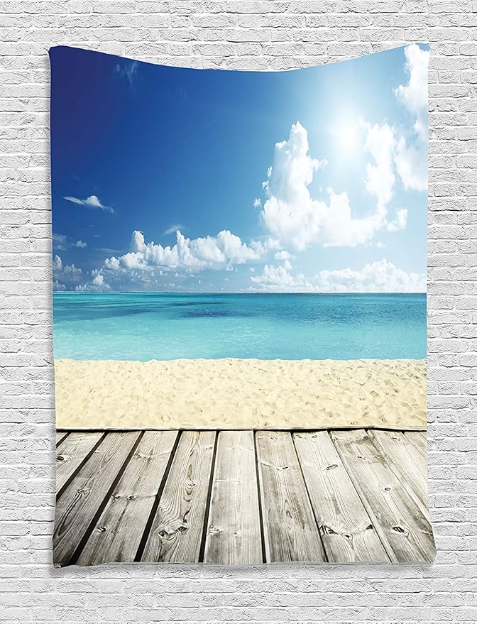 Ambesonne Landscape Tapestry, Tropical Beach from Wooden Pier Sky Seascape Summer View Image, Wall Hanging for Bedroom Living Room Dorm Decor, 40" X 60", Cream Turquoise White