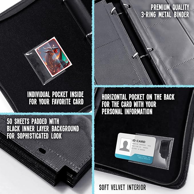 Trading Card Binder 9-Pocket – Premium PU Leather Card Album, Holds 900 Cards, 50 Removable Sleeves, Zippered 3-Ring Case for TCG/Sports Cards + Metal Keychain