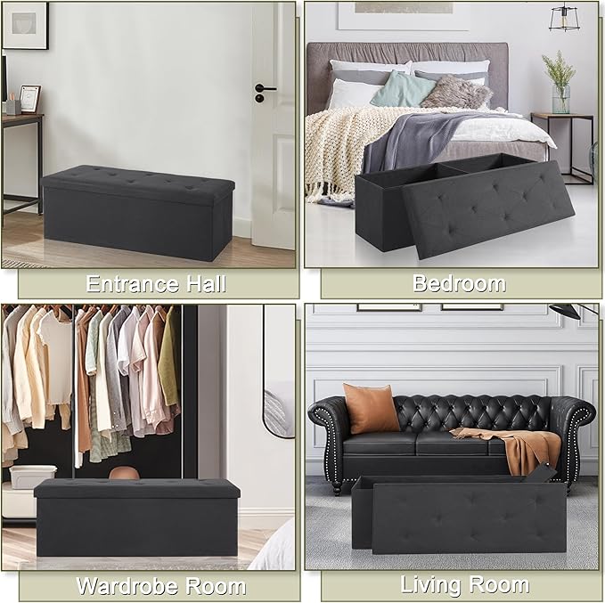 VECELO 43'' Folding Storage Ottoman Bench, Storage Chest, Linen Fabric Foot Rest Stool, 158L Storage Footstools for Bedroom and Living Room, Holds up to 660 lbs, DBlack