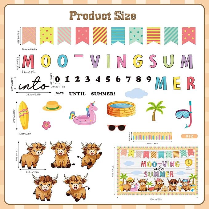 Summer Bulletin Board Set Highland Cow Bulletin Board Classroom Decorations Mooving Into Summer Cutouts for Teacher Classroom School Office Chalkboard Wall Library Window Home Decor
