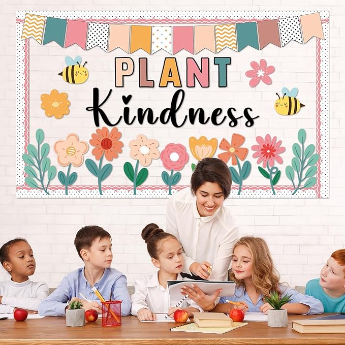 Spring Floral Bulletin Board Classroom Decorations Plant Kindness Cutouts Positive Inspirational Colorful Flower Bulletin Board for School Office Home Nursery Chalkboard Door Wall Decor