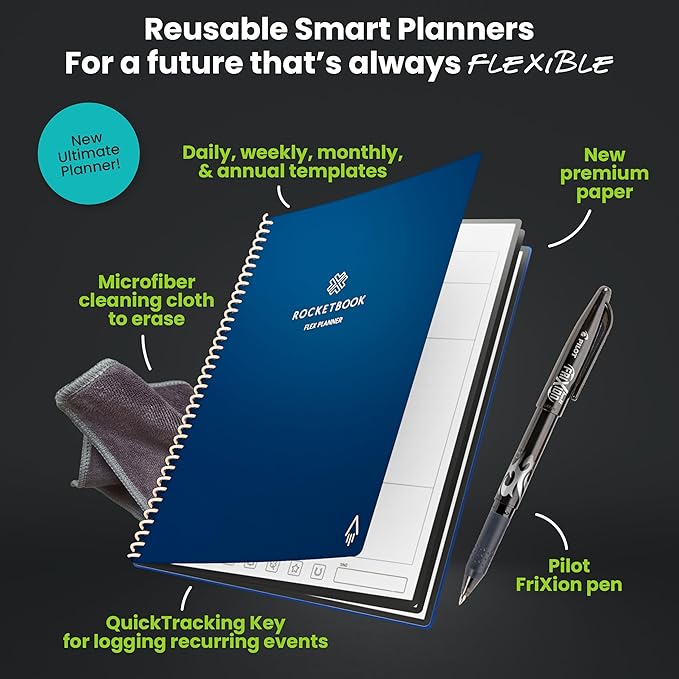Rocketbook Flex Reusable Planner, Smart Undated, Daily, Weekly, Monthly, Annual Calendar Templates, Executive Size 6X8.8, Navy Blue (Pack of 1)