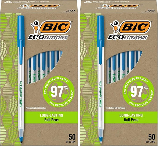 BIC Ballpoint Pens, Medium Point 1.0mm, Blue Ink | Ecolutions Round Stic | 50-Count | Pack of 2 | 97% Recycled Plastic