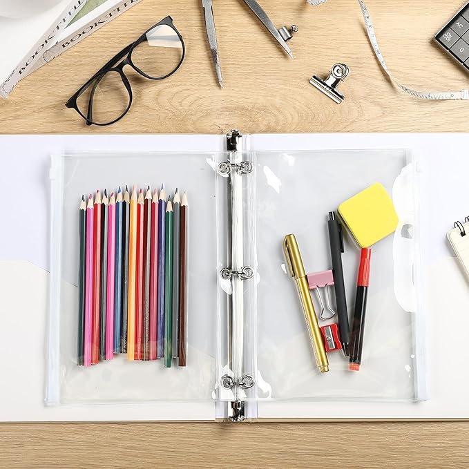 Lincia 24 Pack Clear Pencil Pouch for 3 Ring Binder Pencil Case with Zipper 3 Ring Binder Pocket Insert Bag 10 x 7'' Visible Cash Envelope with Re-enforced Grommet for Office (White,Clear)