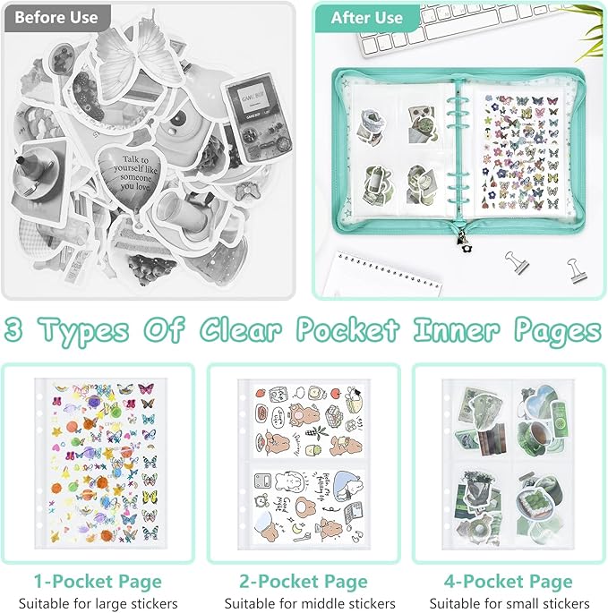 Sticker Storage Organizer Binder A5 Sticker Collecting Book Reusable Zipper Album with Clear Laser Star Cover and Pocket Pages (Cyan)