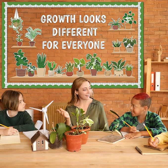 77 Pcs Spring Greenery Classroom Bulletin Board Decoration Potted Plant Bulletin Board Set Greenery Inspirational Classroom Decor Motivational Plant Bookshelf Cutout for Back to School Home Wall Decor