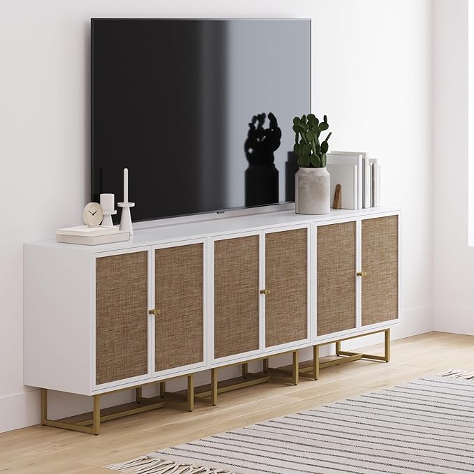 Nathan James Kova Rattan Wood Accent Natural Sideboard Storage Cabinet TV Stand with Matte Metal Frame, Adjustable Shelves and Cane Doors, for Hallway, or Living Room, White/Cane/Brass, Set of 3