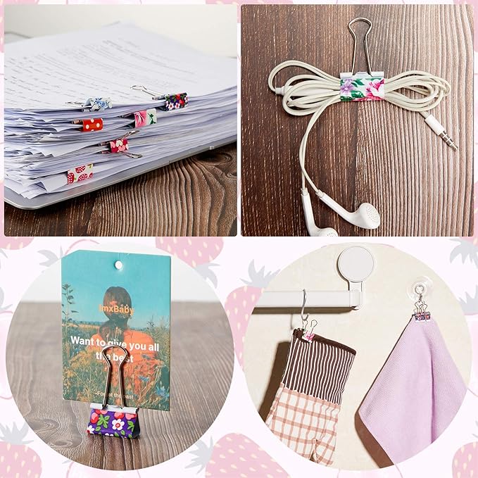 Outus 48 Pcs Cute Binder Clips with Box 2 Sizes Floral Office Clips Supplies Assorted Designs Colorful Printing Small Mini Decorative Binder for Paper Notebooks Office Home 0.75 Inch 1 Inch
