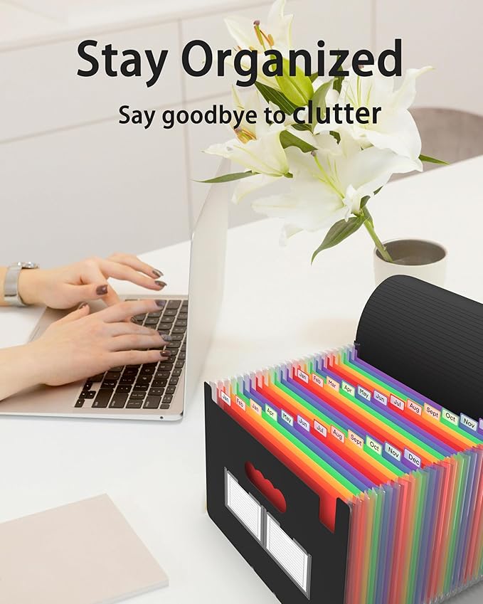 3 Pack Expanding File Folder, 24 Pocket Accordian File Organizer A4 Letter Size Portable Document Organizer with Colored Tabs, Expandable Desktop Accordion Folder -Black