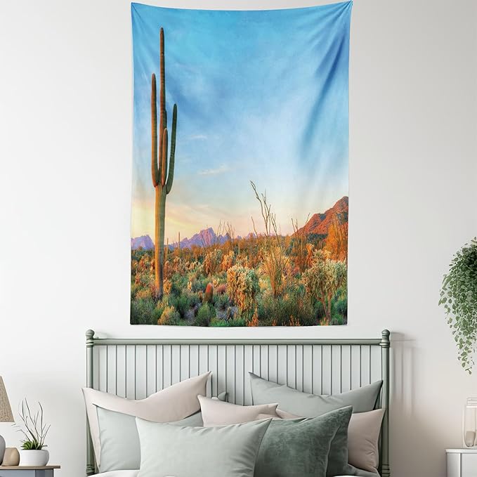 Ambesonne Saguaro Tapestry, Sun Goes down in Desert Prickly Pear Cactus Southwest Texas National Park, Fabric Wall Hanging Decor for Bedroom Living Room Dorm, 23" X 28", Orange and Blue