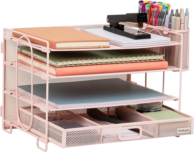 Mind Reader Mesh Desk Organizer, 3 Trays, 1 Drawer, 2 Pen Holders, Office Desktop Organizer, Metal Mesh, Pink
