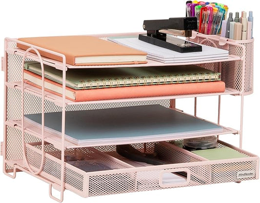 Mind Reader Mesh Desk Organizer, 3 Trays, 1 Drawer, 2 Pen Holders, Office Desktop Organizer, Metal Mesh, Pink