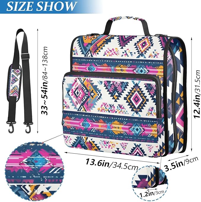 3 Ring Zipper Binder with Shoulder Strap Purple Ethic Aztec 1.5 inch Binders Keeper Large Capacity Multi Pockets for School Office Supplies